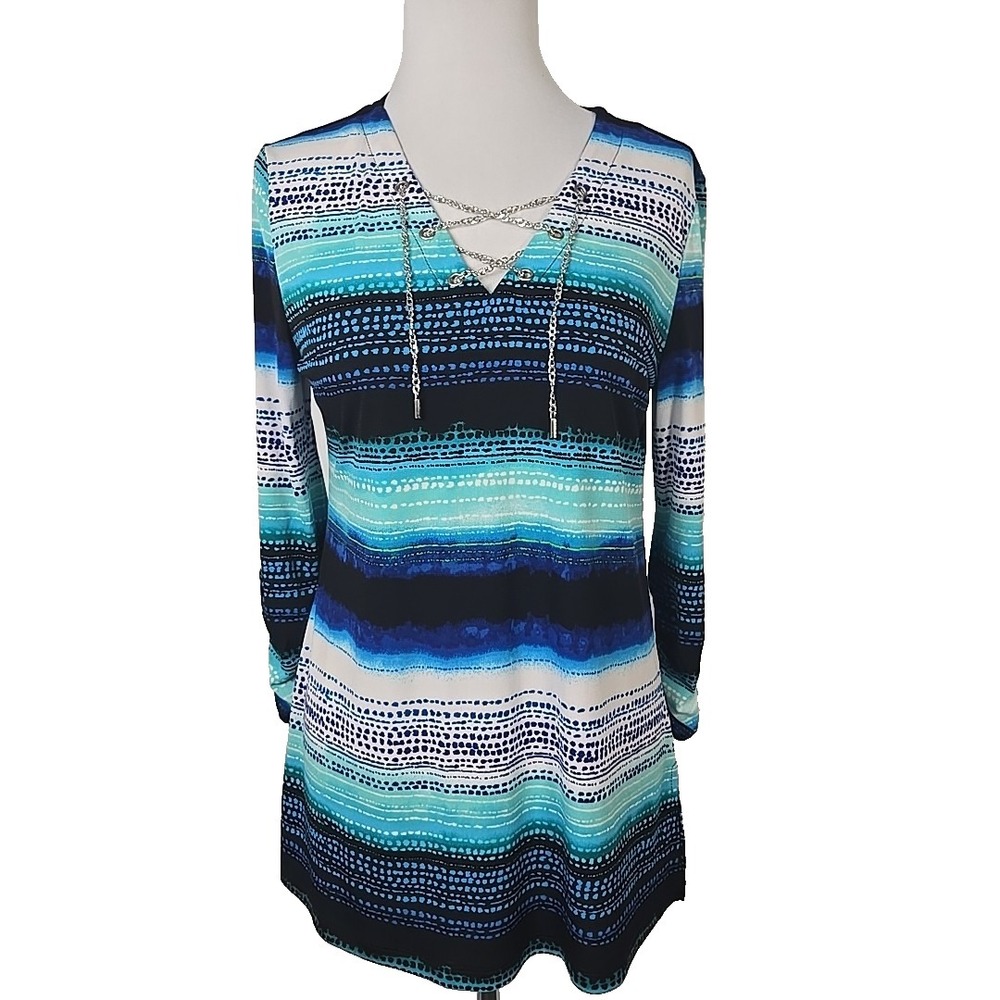 Peck & Peck Blue Print Stretch Knit 3/4 Sleeve Chain Corset Front Top Small S